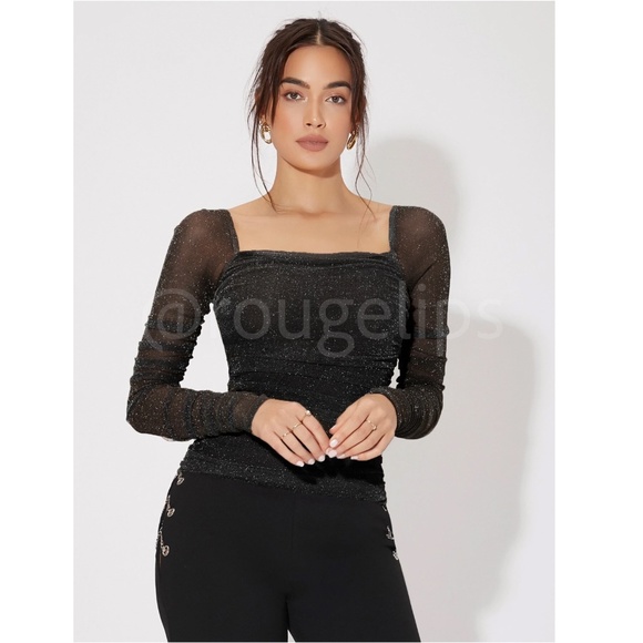 Rouge! Tops Lurex Sheer Black Long Sleeve Square Neck Ruched Tee